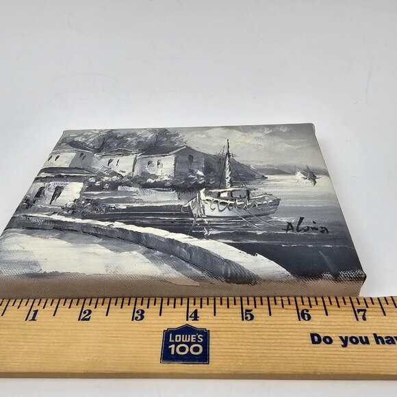 Vintage Painting Canvas Signed Small Water Scene Harbor Boat Landscape Grayscale - Picture 8 of 10